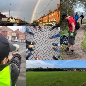 An collage of images from Knowle West - a rainbow over red brick houses, a local child recording the speed of the cars on the street, the mental health mates groups feet in a circle, the good gym at the northern slopes and a a sunny day at Filwood fields with the grant themes detailed over the top in words a friendlier place, a cleaner place, a greener place and an active place 